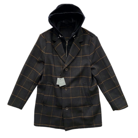 Hickey Freeman Nwt $395 Wool Blend Olive Check Plaid Hooded Jacket Coat